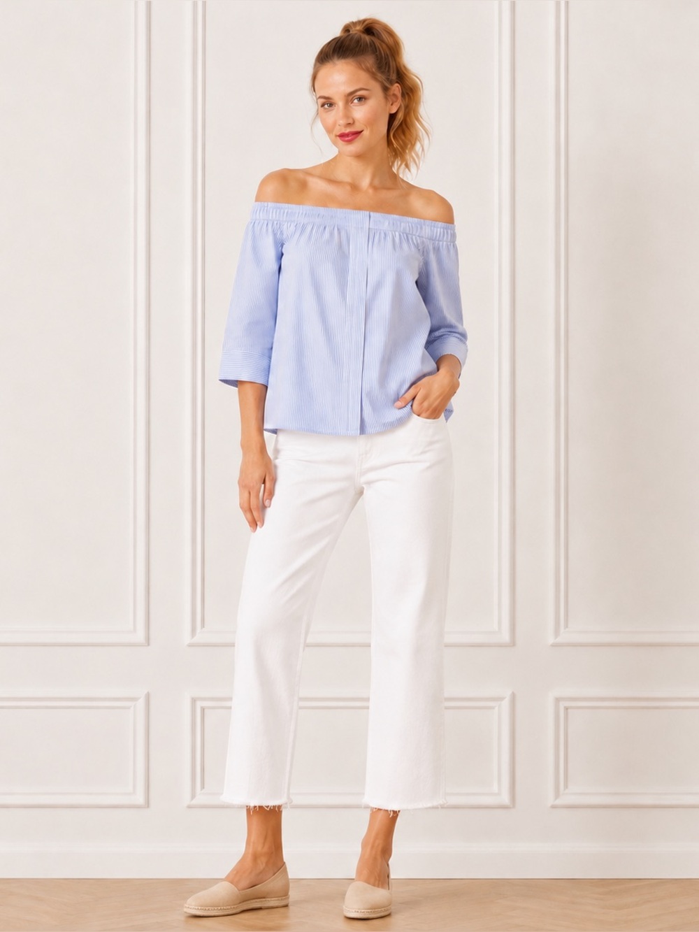Whistles $90 Womens XS Blue White Striped Strapless Bardot Summer Tunic Top